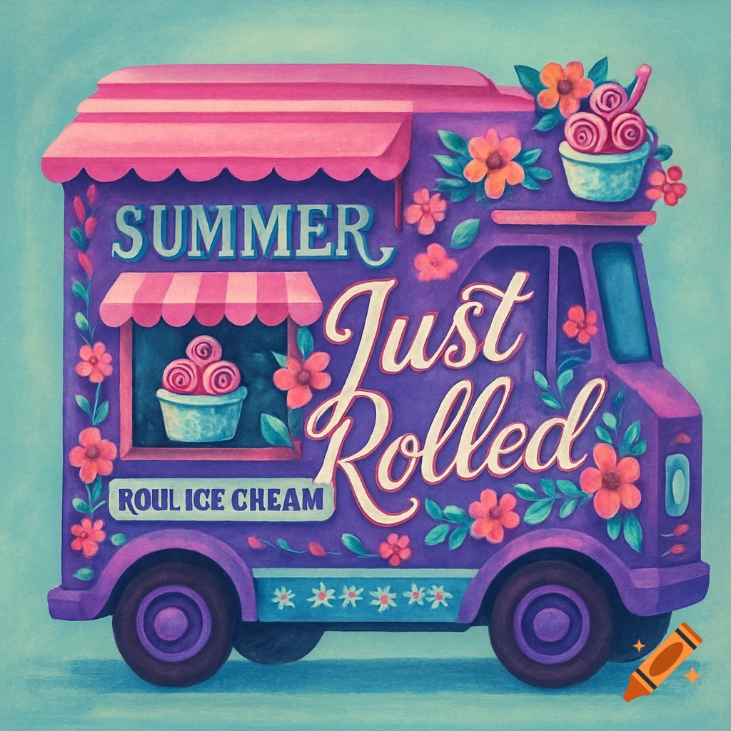 Purple ice cream truck decorated with flowers and text 'Summer Just Rolled', painted style.