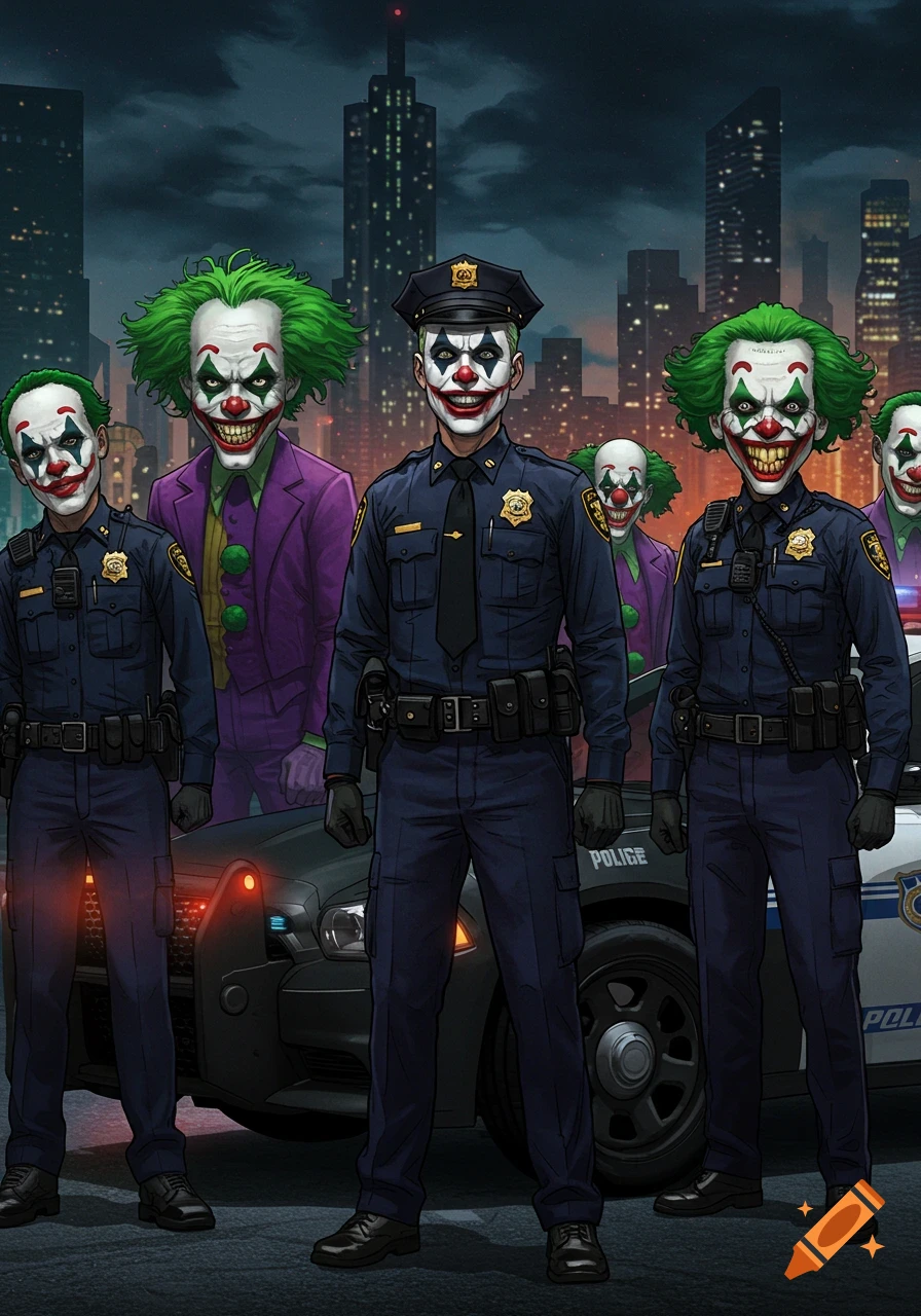 Illustration of police officers wearing Joker makeup standing in front of a police car in a city at night.