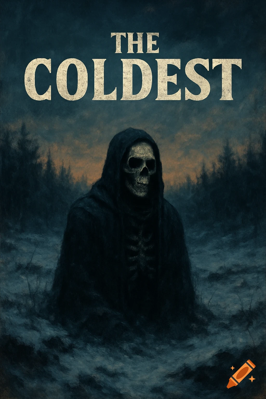 A skeletal figure in a hooded cloak stands in a dark, snowy forest under text reading 'THE COLDEST'.