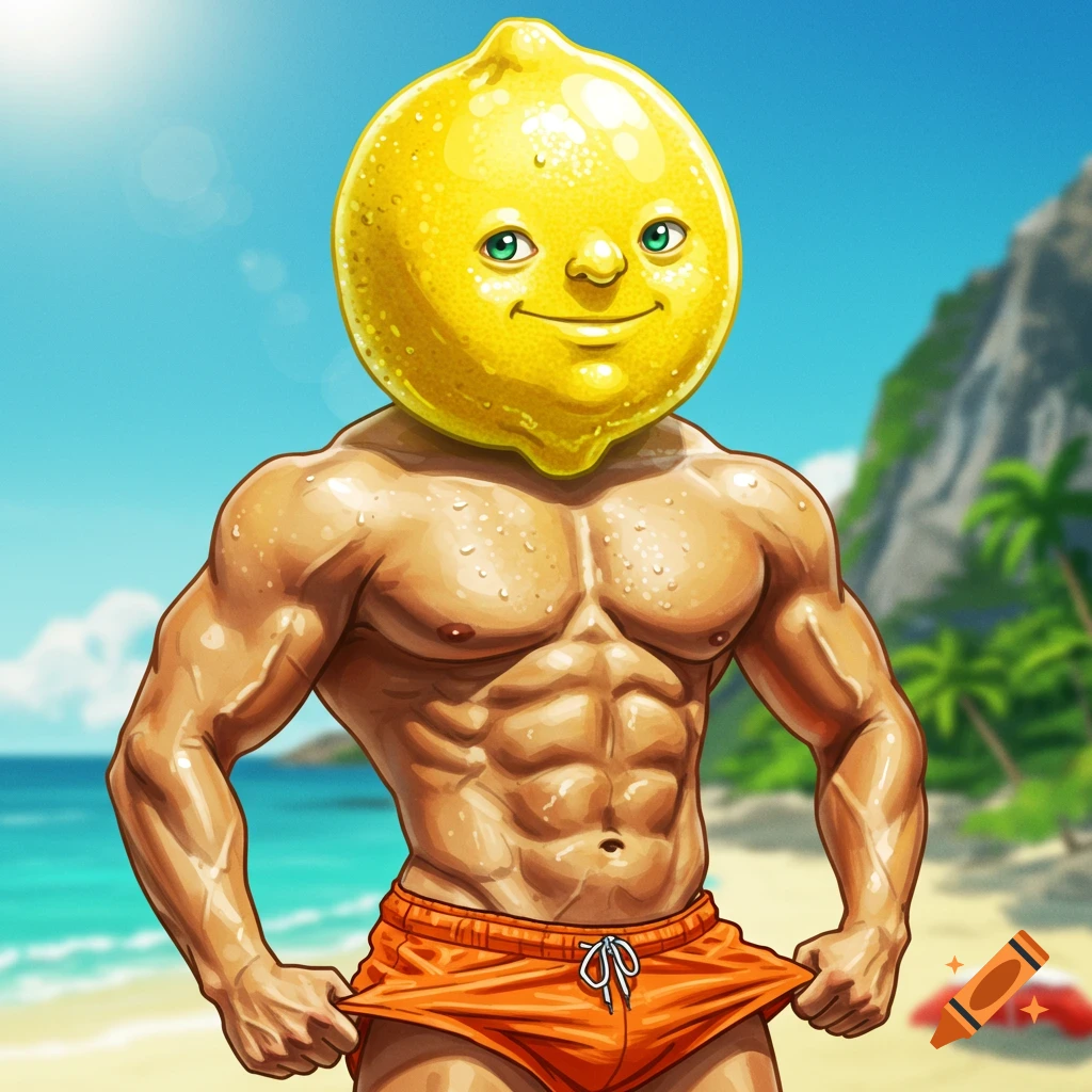 Illustration of a muscular man with a lemon head on a sunny beach
