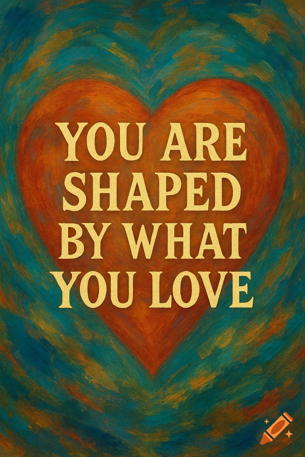 A heart with text 'You are shaped by what you love' on an abstract painted background.