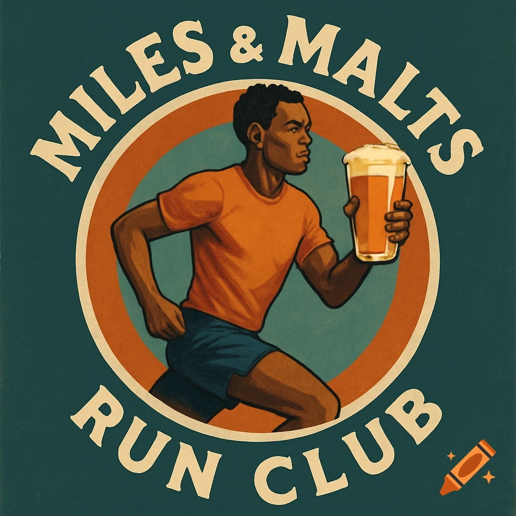 Vintage-style illustration of a runner holding a beer, framed by text 'Miles & Malts Run Club'.