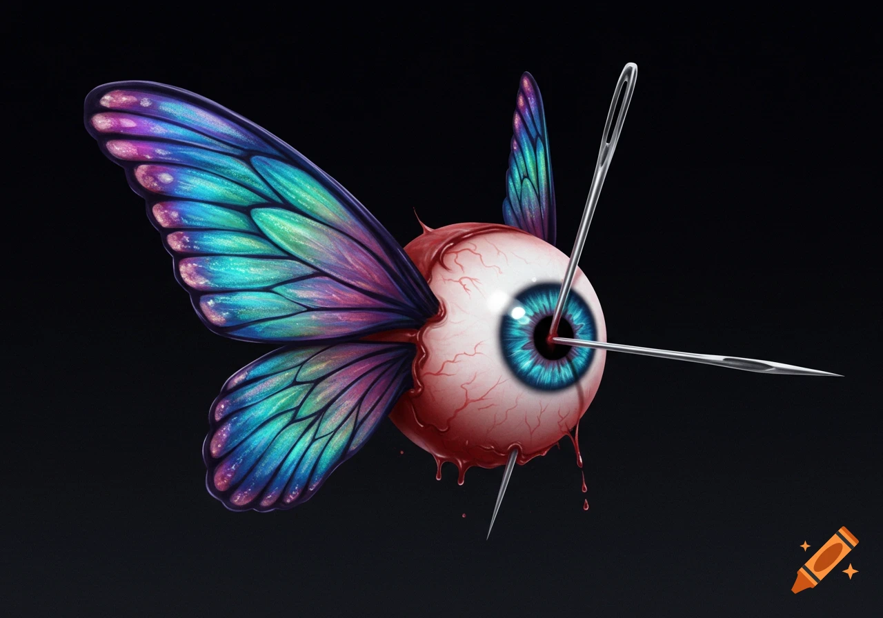 A surreal illustration of an eyeball with iridescent butterfly wings, pierced by three needles, dripping blood.