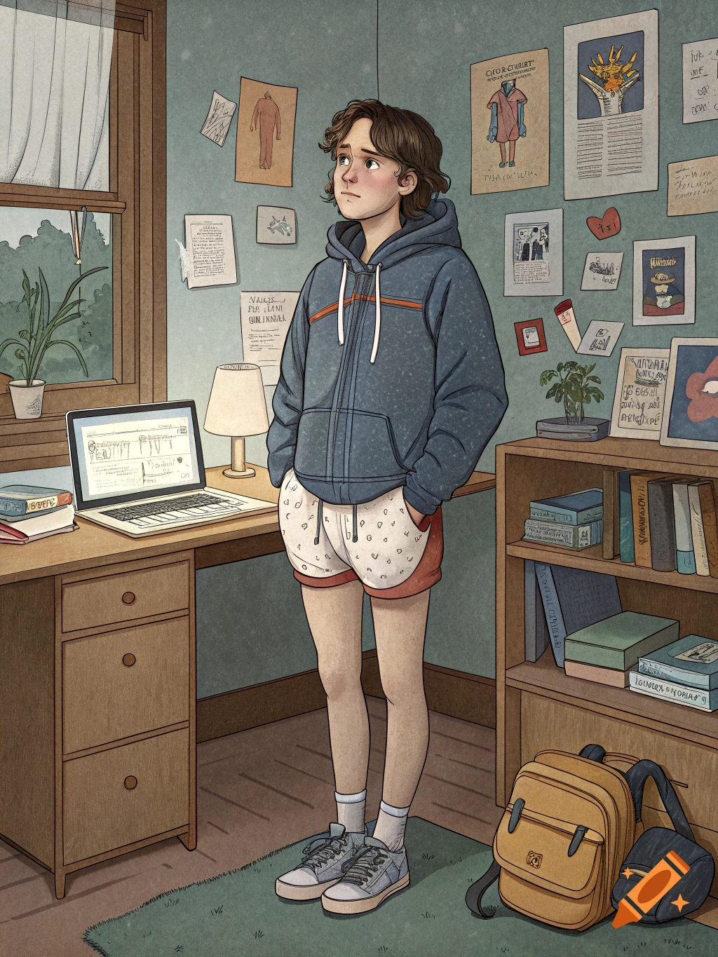 Illustration of a teenage person standing in their room with a desk, laptop, and bookshelves.
