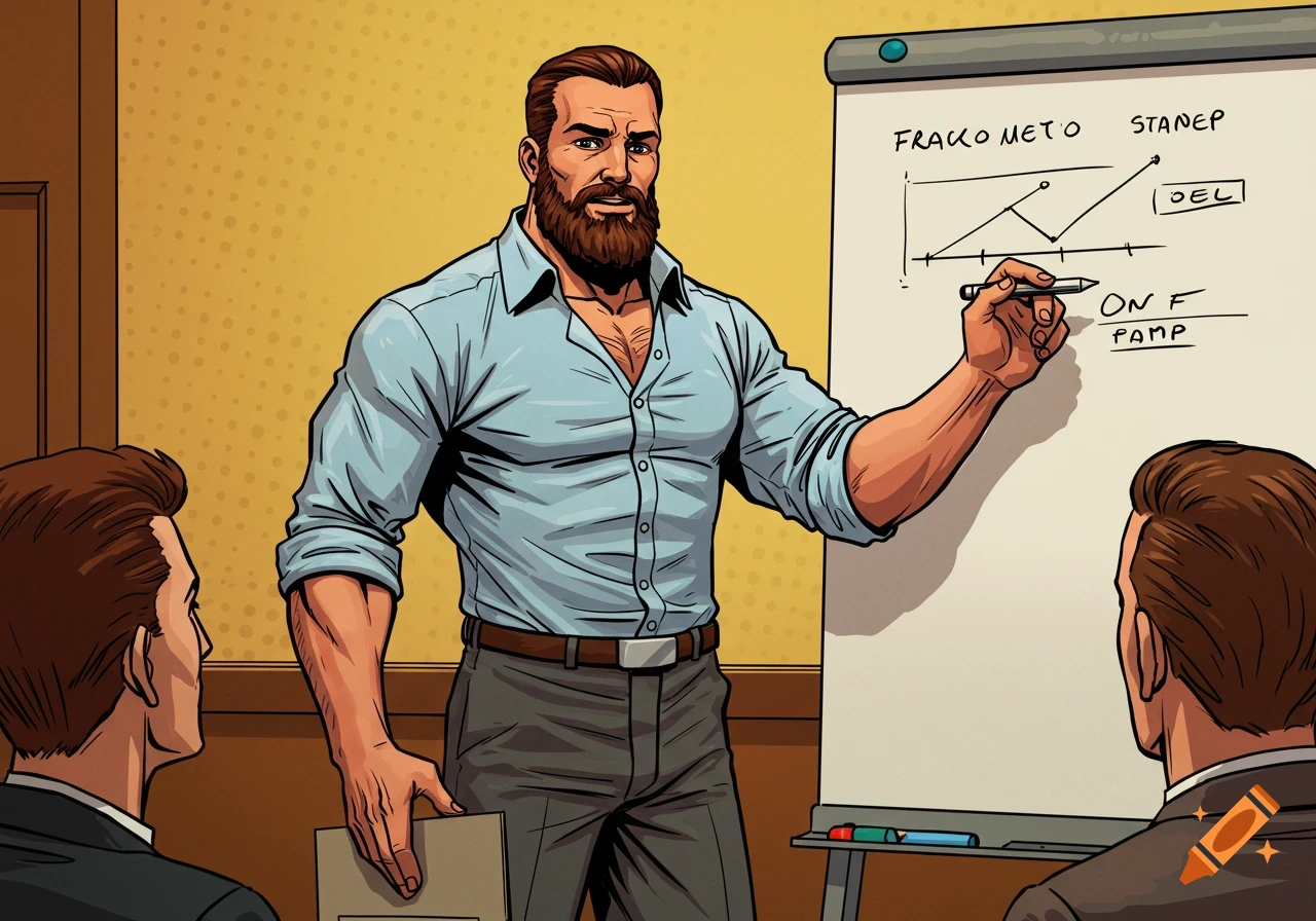 Muscular man with beard giving a presentation in a vintage comic style.