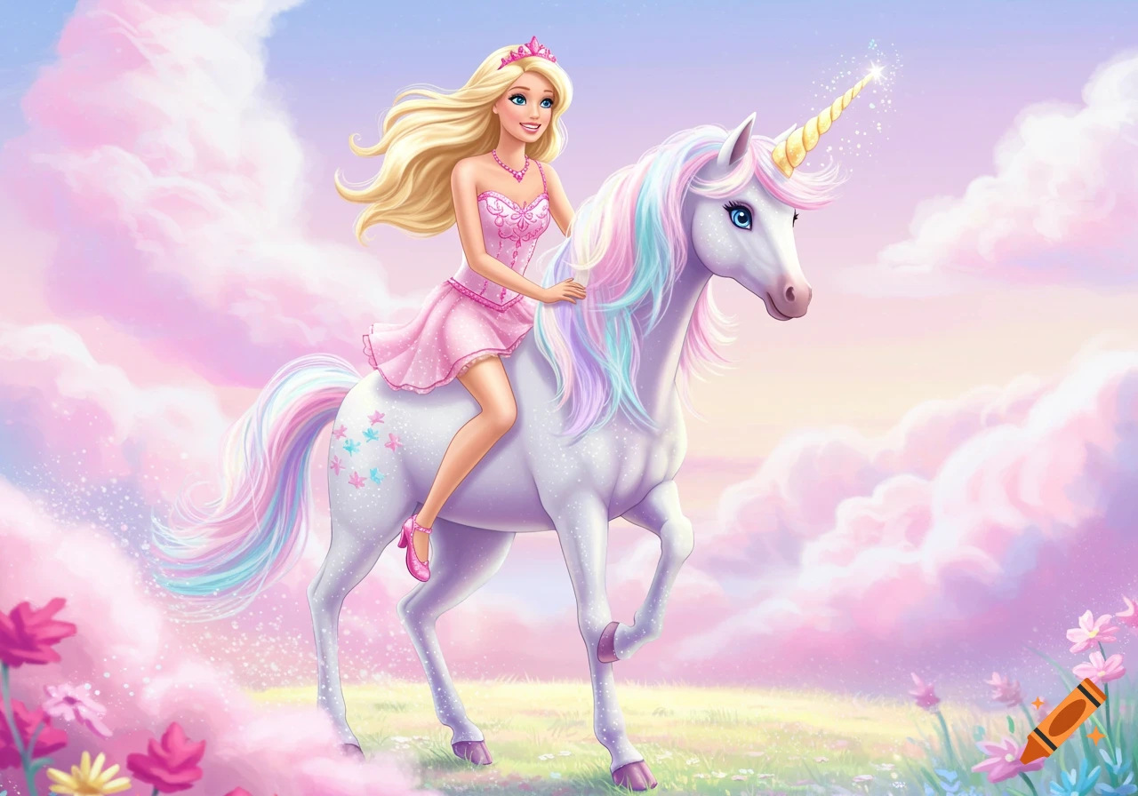 A blonde doll-like figure in a pink dress rides a white unicorn with rainbow mane in a pink cloudscape.