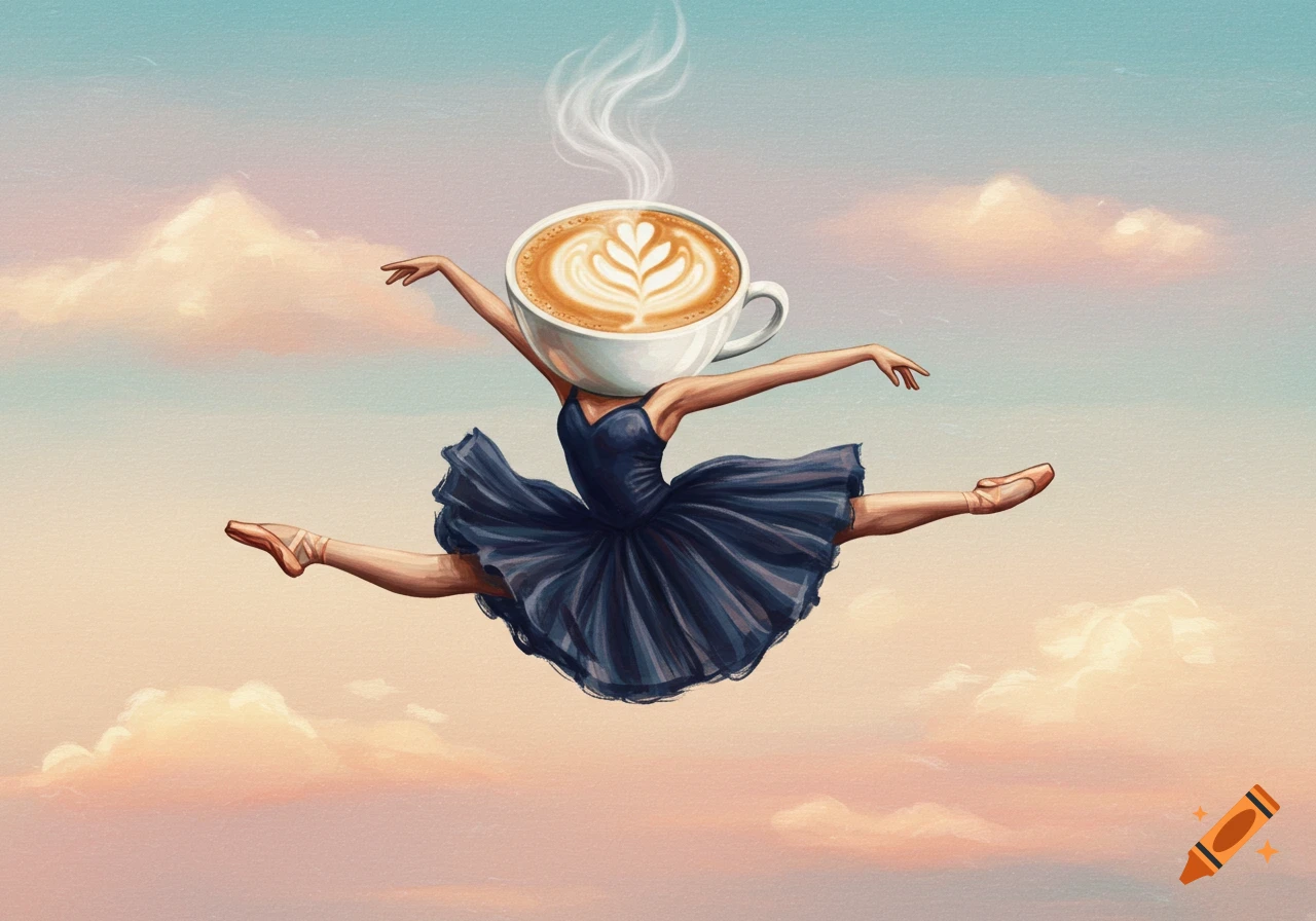 A ballerina with a coffee cup head leaps through a painterly sky.