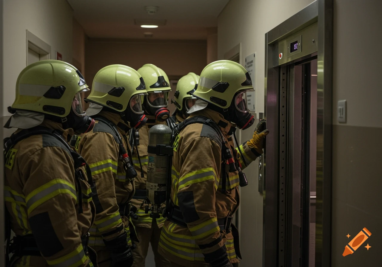 Firefighters in gear stand by an elevator