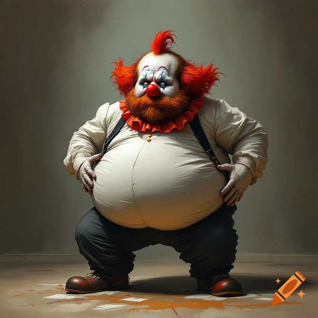 A large, sad-looking clown with a red beard squats, hands on belly, on a floor with crumpled papers.