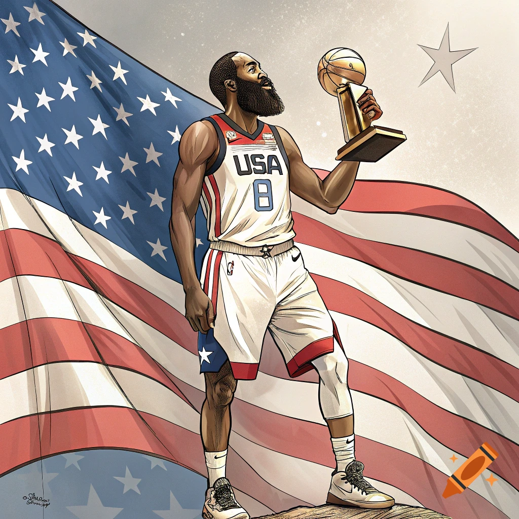 Stylized illustration of a basketball player in a USA jersey holding a trophy in front of an American flag.