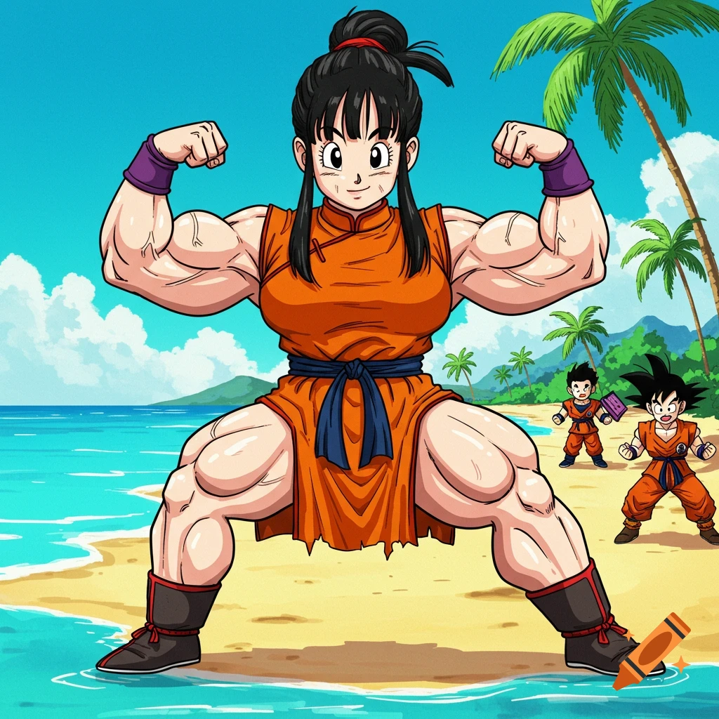 Muscular Chi Chi flexing on a beach, with Goku and Gohan in the background, anime style.