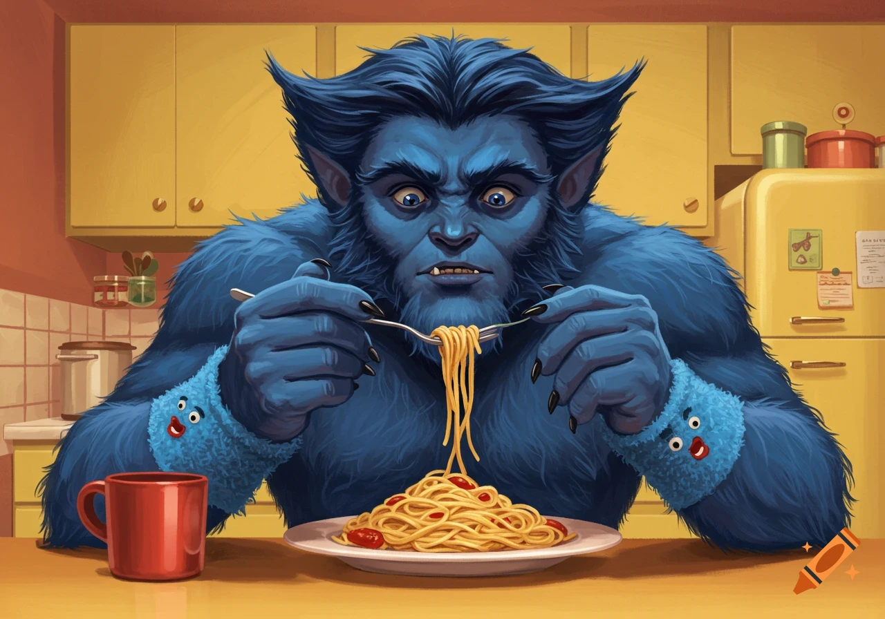 Beast from X-Men eats spaghetti while wearing fluffy blue wristbands