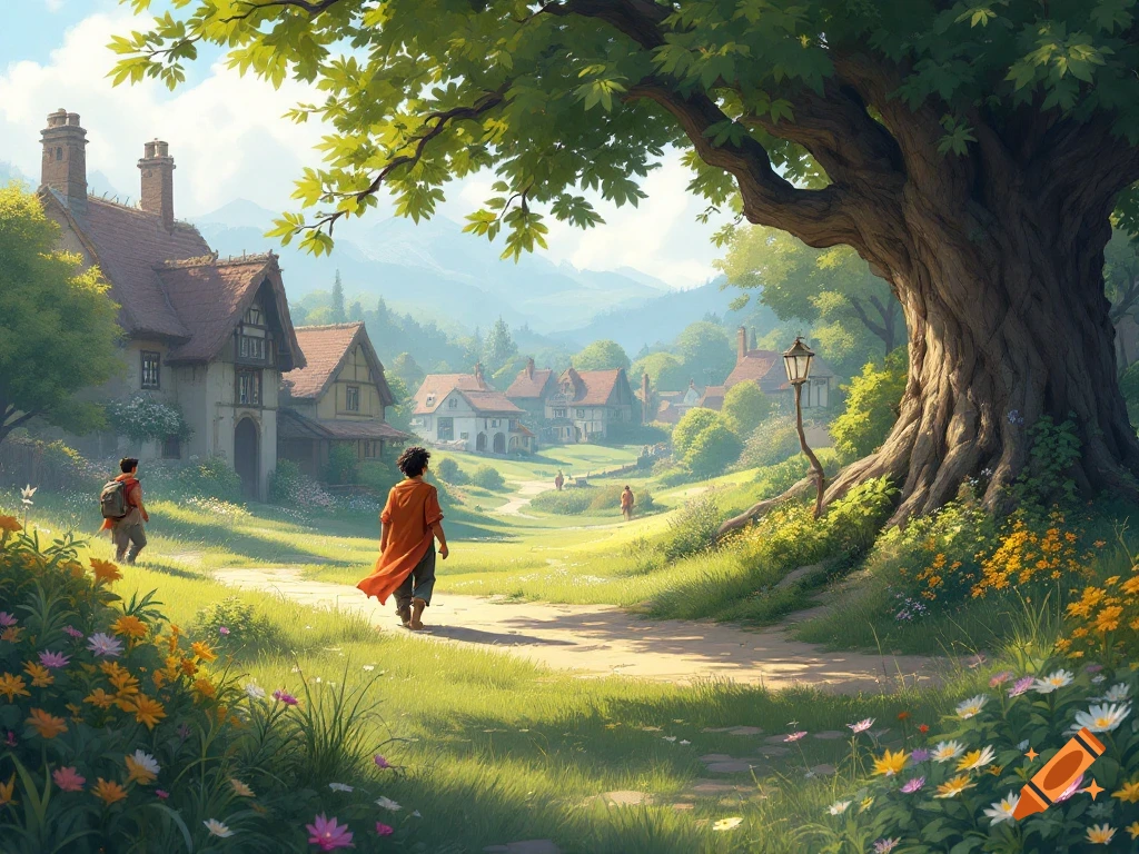 Two children walk on a path away from a quaint village towards a mountain valley in a lush landscape, fantasy art style.