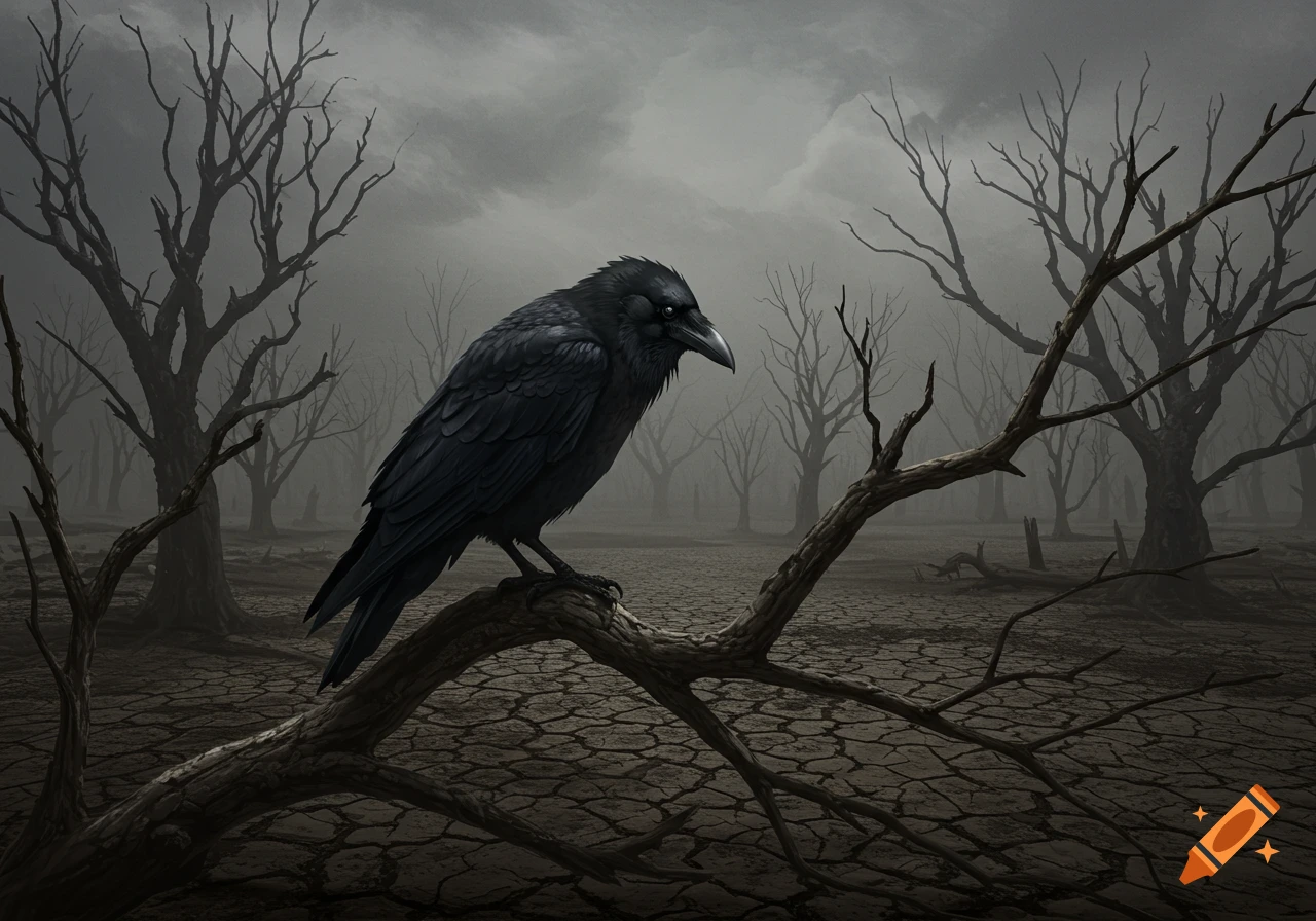 A black crow perches on a dead branch in a cracked, desolate landscape ...