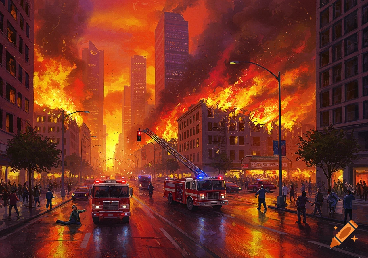 Dramatic painting of a city street engulfed in massive fires with fire trucks and people watching.