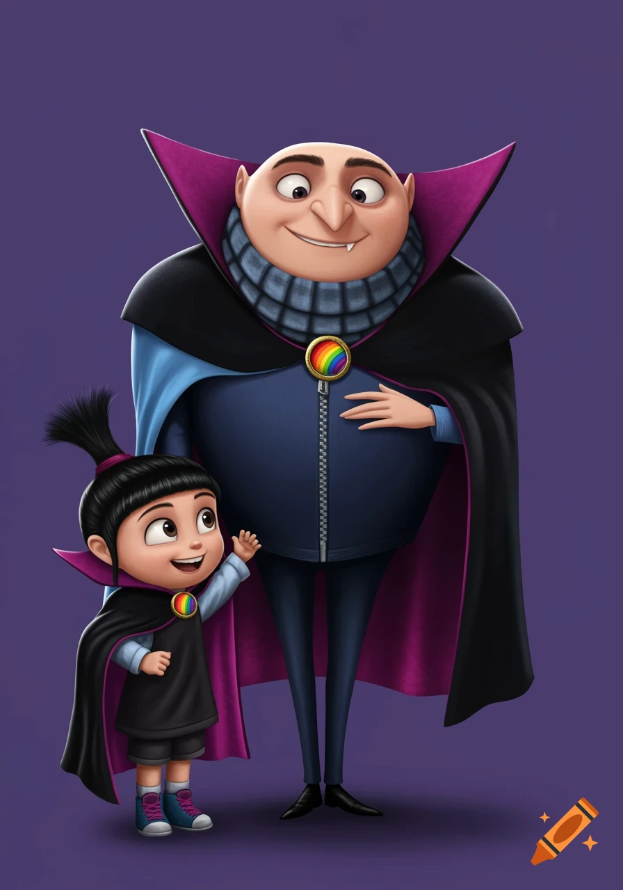 Gru and Agnes dressed as friendly vampires with rainbow medallions
