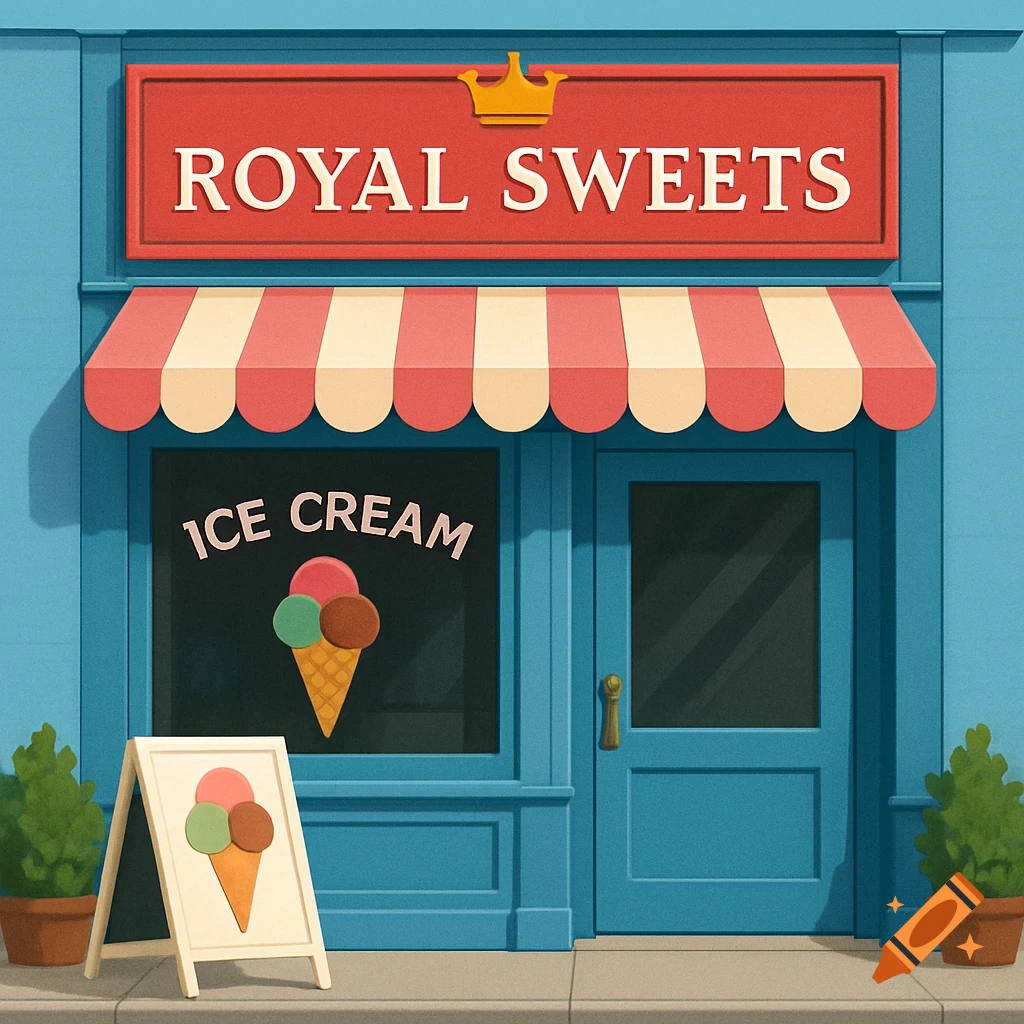 Stylized illustration of a blue and red ice cream shop storefront.