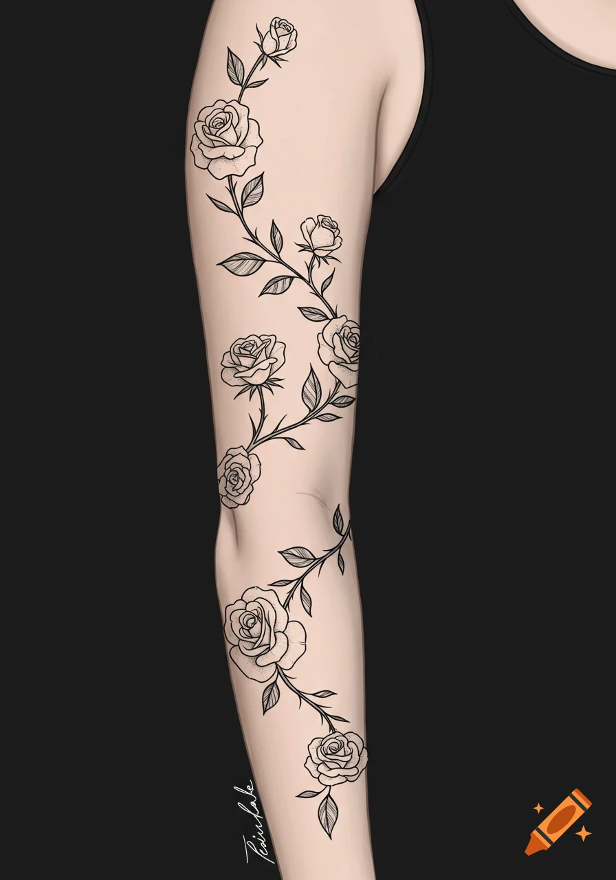 Black ink rose vine tattoo spiraling down an arm in an illustration style.