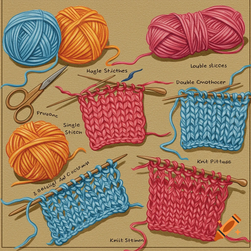 Illustration of knitting and crocheting supplies and stitch swatches with labels.