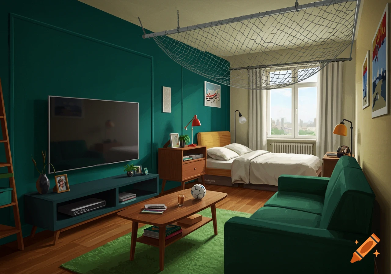 Illustrated view of a room with bed, sofa, TV, and soccer net on ceiling.