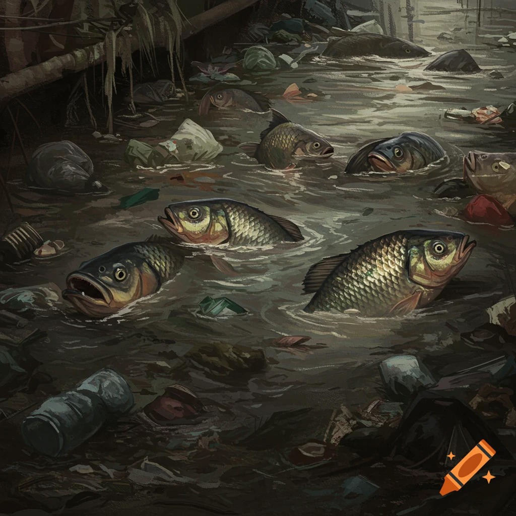 Illustration of fish struggling in polluted water with trash