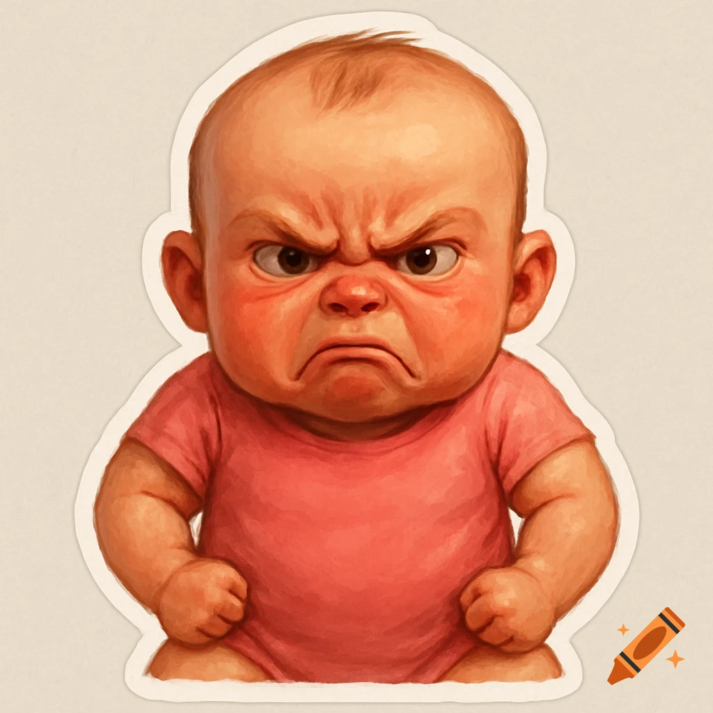 Illustration of a very angry baby wearing a pink onesie
