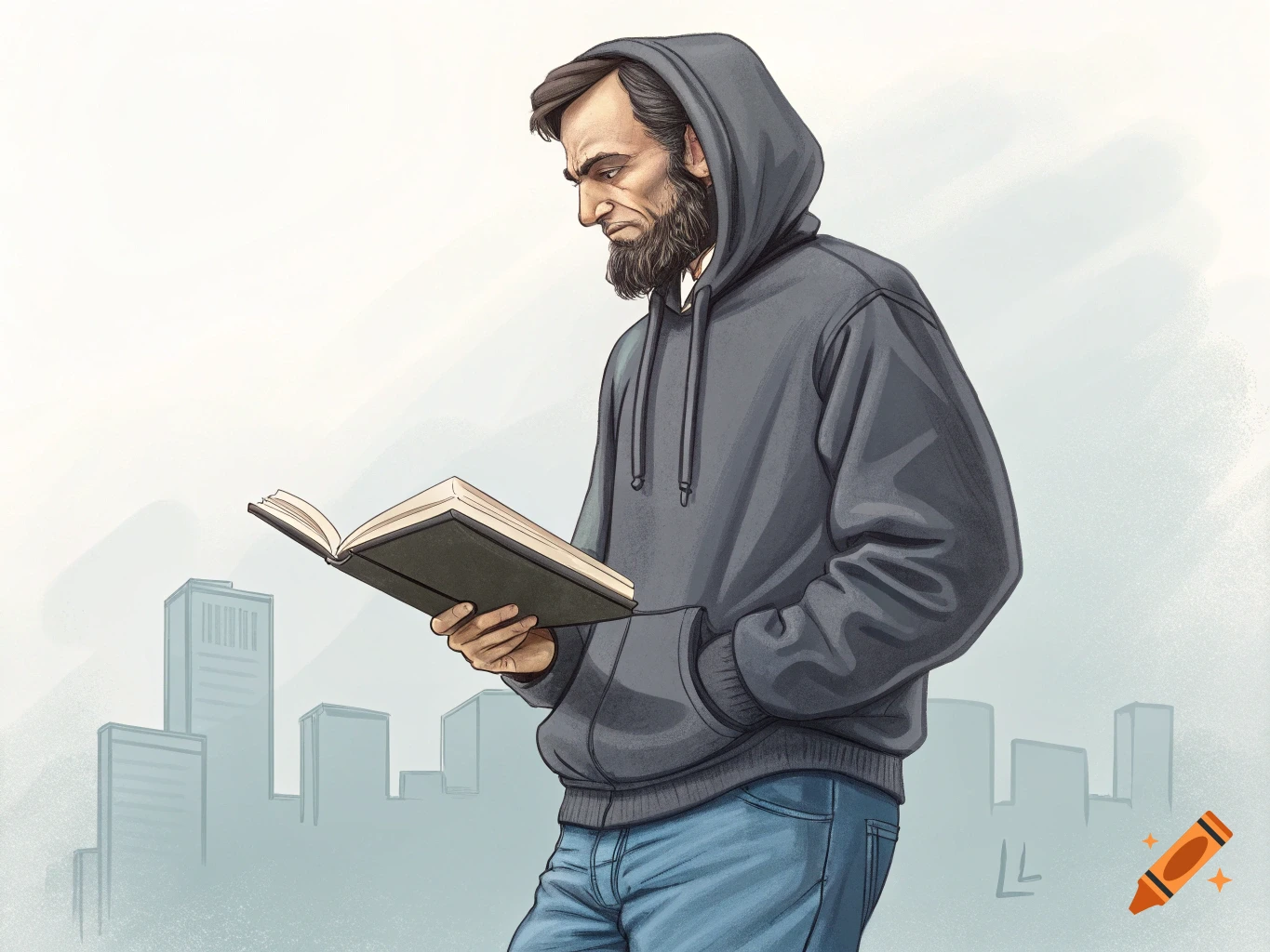 Illustration of Abraham Lincoln wearing a hoodie and jeans reading a book.