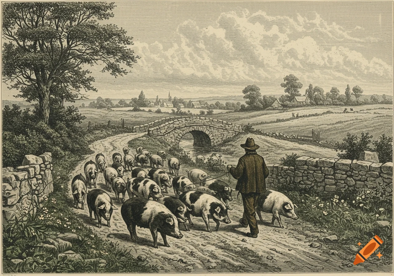 Engraving of a man herding pigs down a rural lane toward a stone bridge.