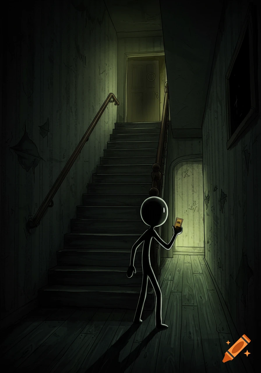 A stickman holding a card stands at the base of a spooky, dark staircase leading to a mysterious door.
