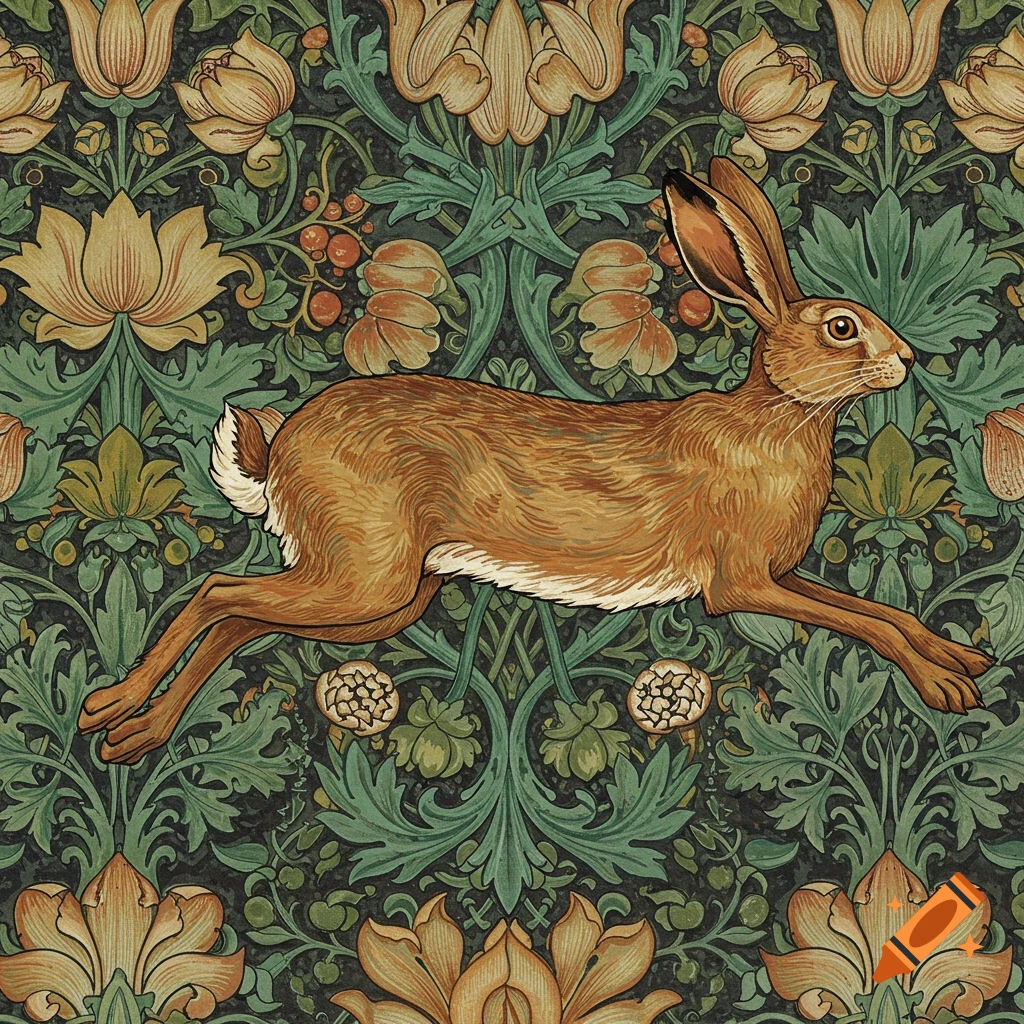 William Morris style illustration of a running hare on a dark floral pattern background.