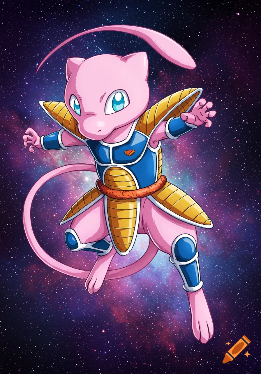 Pink Pokemon character Mew in Saiyan armor floats in space.