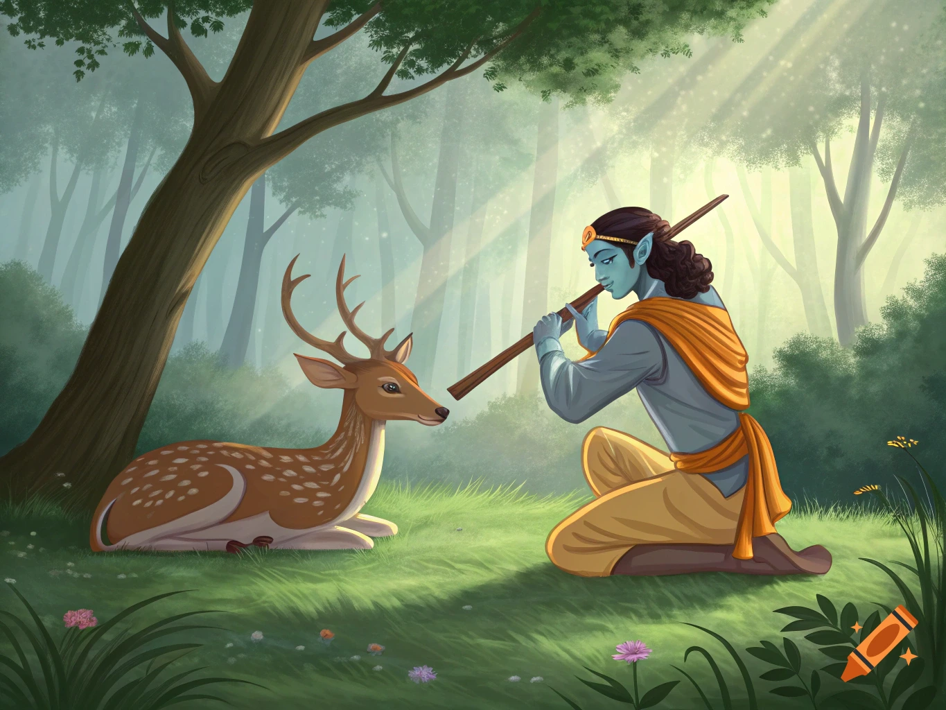 Illustration of a blue-skinned figure (Krishna) playing a flute for a deer in a sunlit forest.