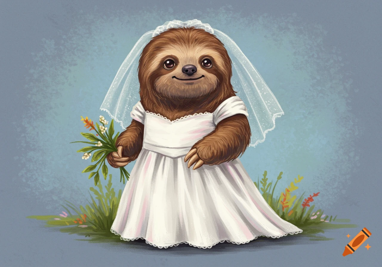 A cute sloth wears a white wedding dress and veil, holding a small bouquet.