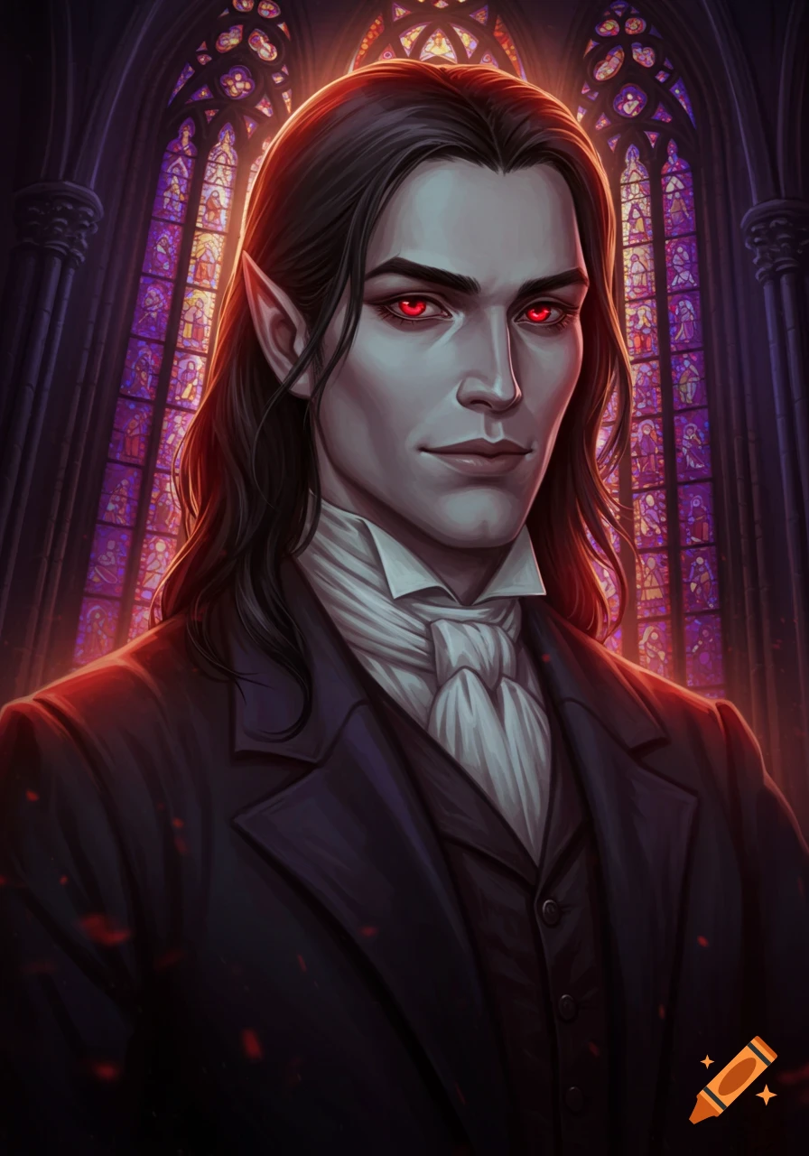 Portrait of a male vampire with long dark hair and red eyes in a suit standing before a stained glass window.