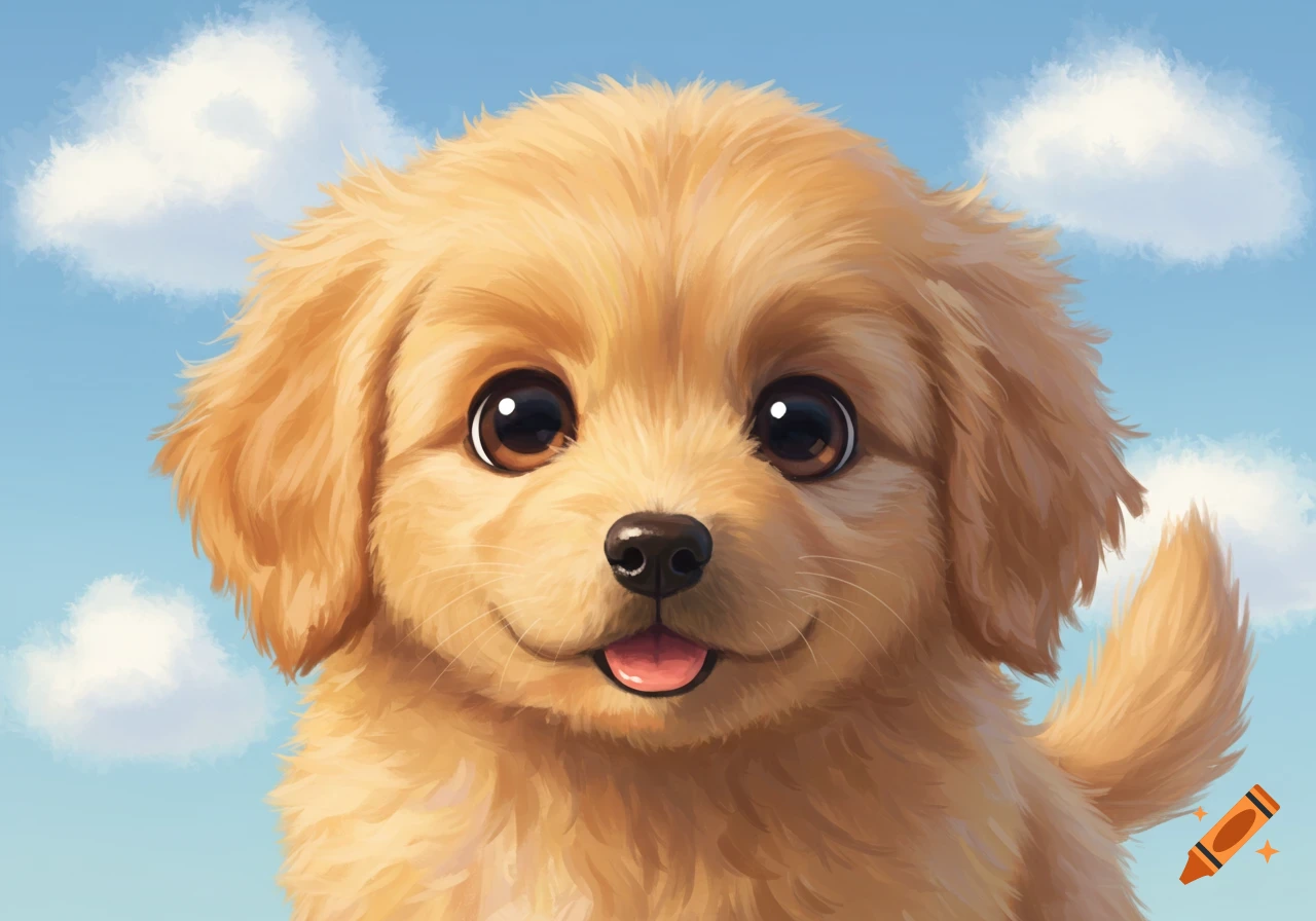 An illustration of a cute golden retriever puppy against a blue sky ...