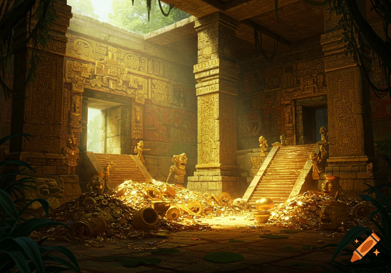 Inside an ancient temple filled with piles of gold coins, artifacts, and treasure.