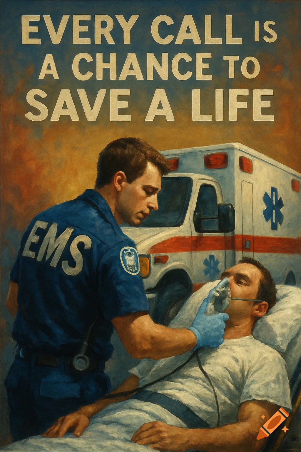 EMS worker attends to a patient, ambulance in background, text reads 'Every Call is a Chance to Save a Life', painterly style.