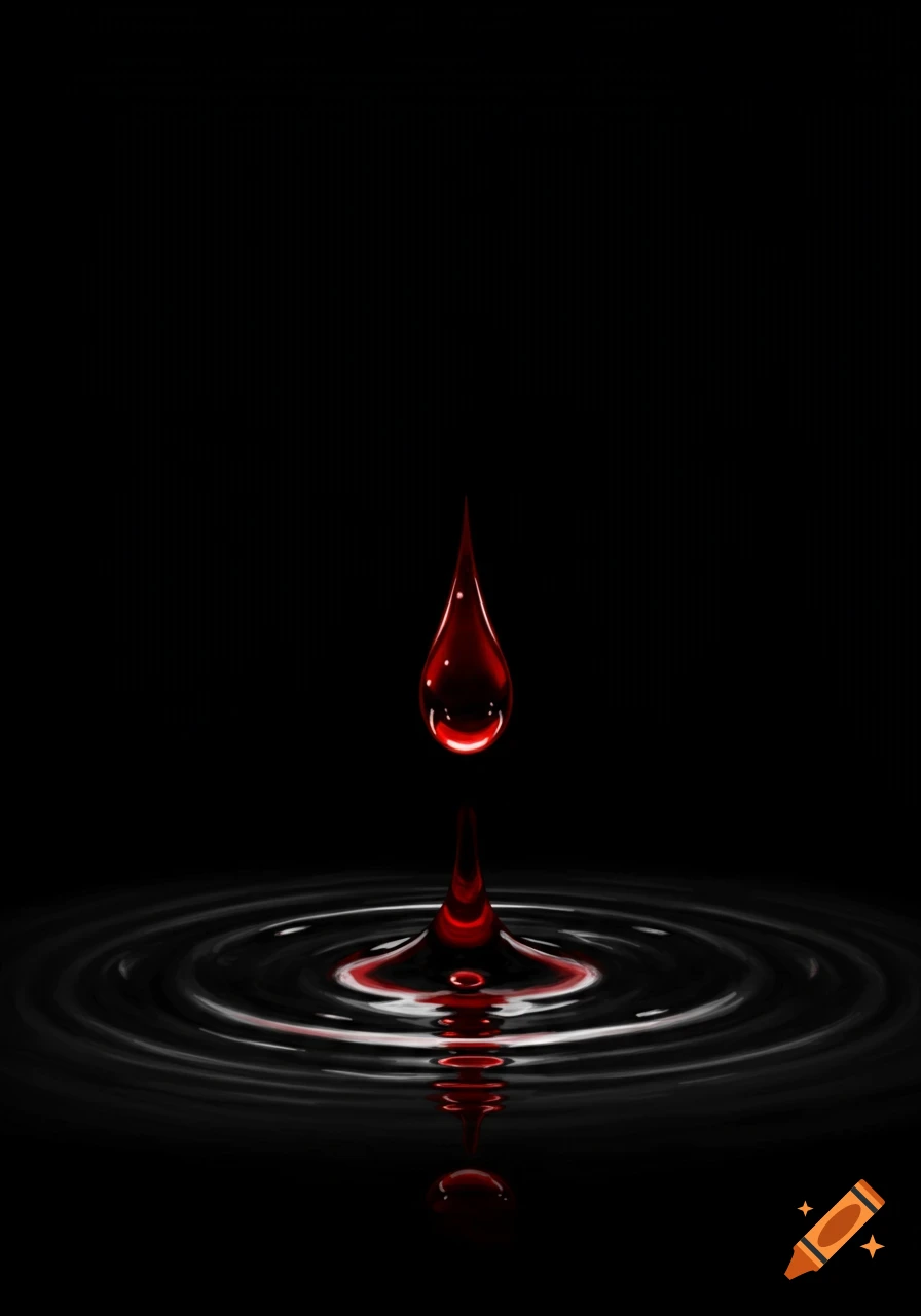 A red drop falls into dark water creating ripples on a black background.