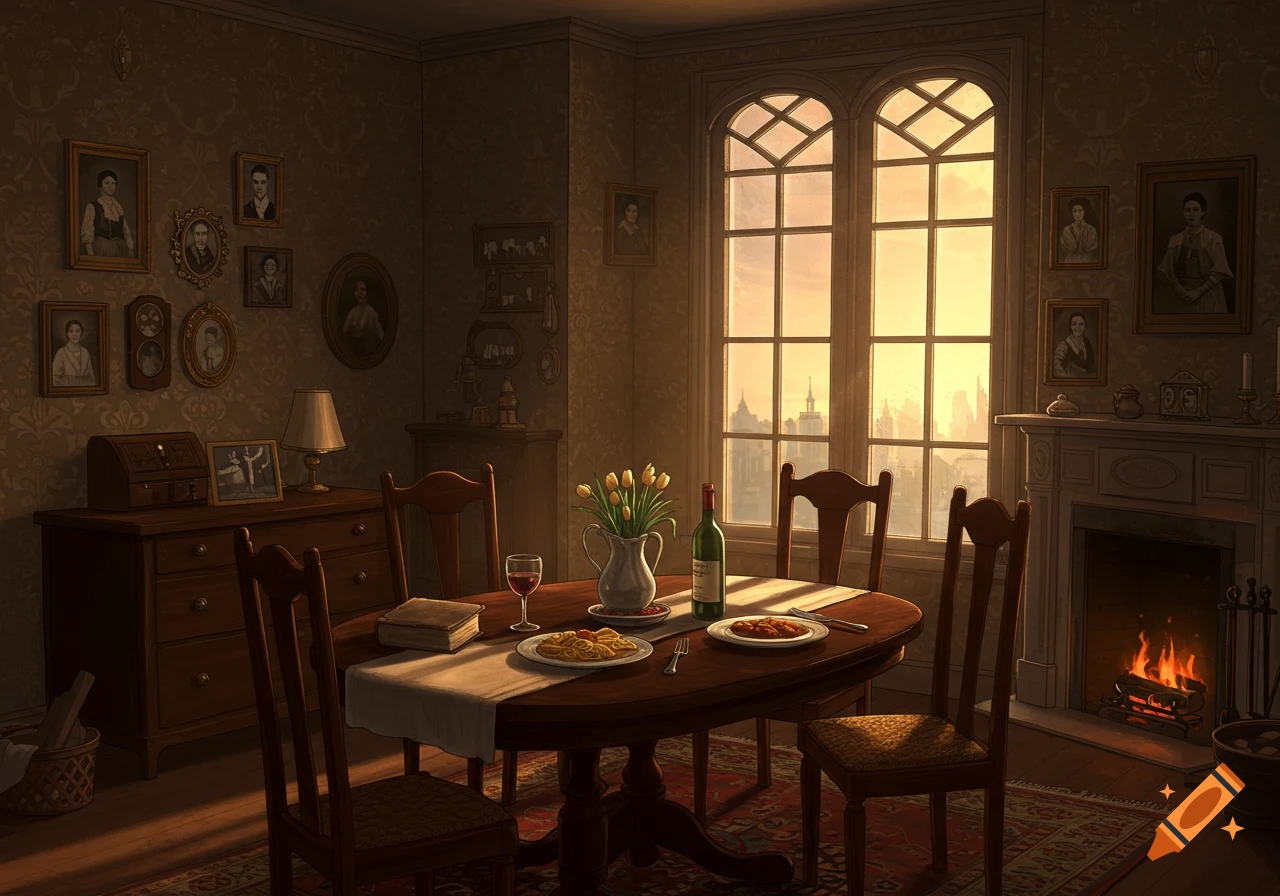 A cozy historical dining room with a set dinner table, fireplace, and large windows showing a city skyline at sunset.