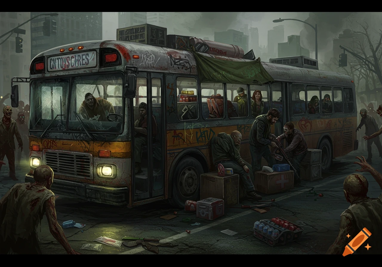 Illustration of a yellow and grey bus in a post-apocalyptic city, surrounded by zombies and survivors with supplies.