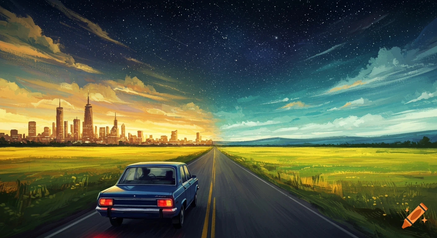 Blue car drives on a road towards a distant city under a split day and night sky, painted style.