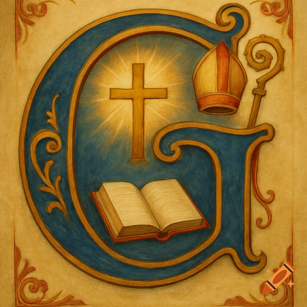 Stylized letter G illustration with cross, book, bishop's hat, and crozier