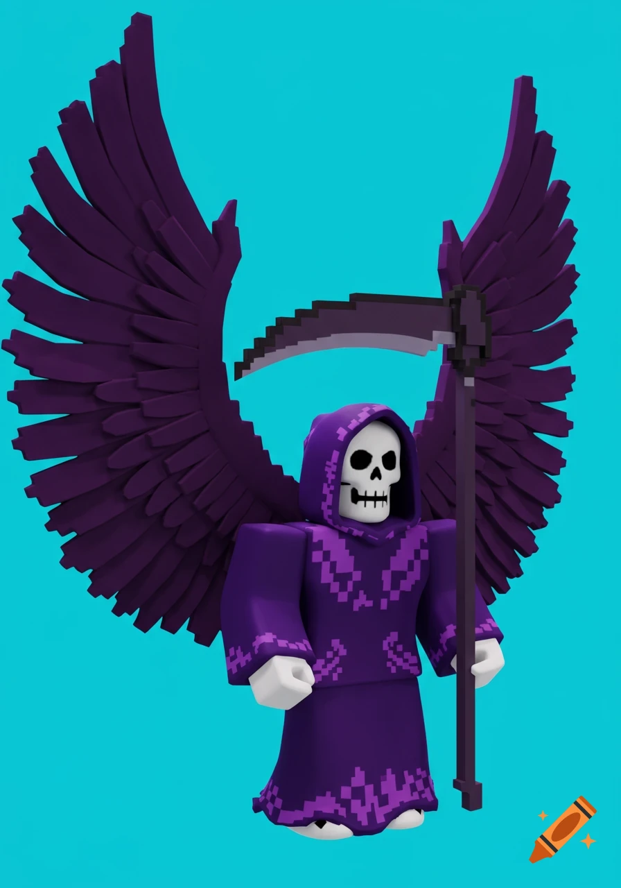 A voxel-style purple grim reaper with large wings holds a scythe.