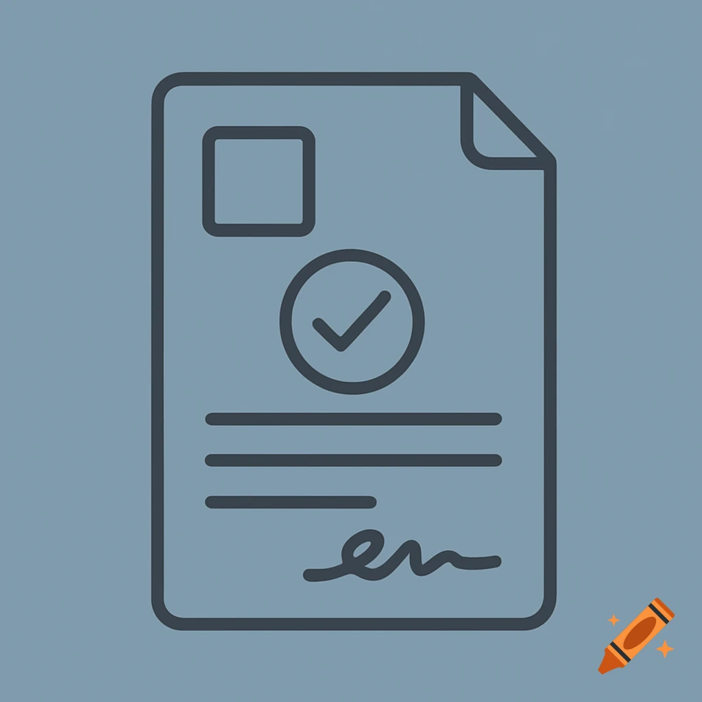 Minimalist line art icon of a document with a checkmark.
