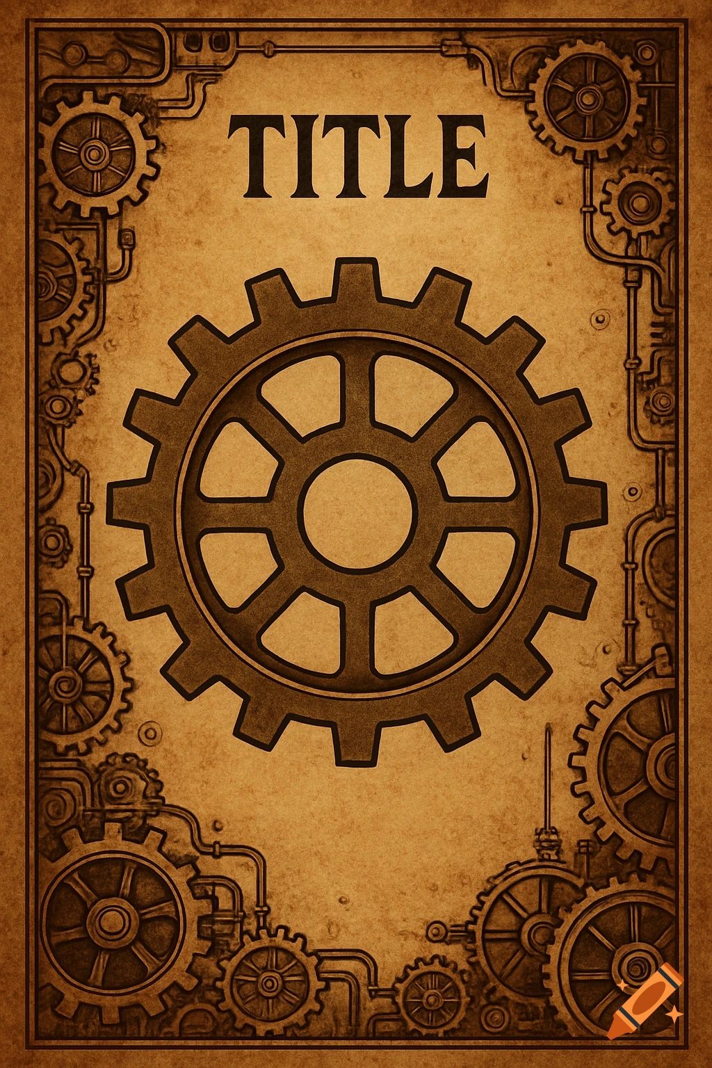Steampunk style background or border with gears and pipes, featuring the word TITLE.
