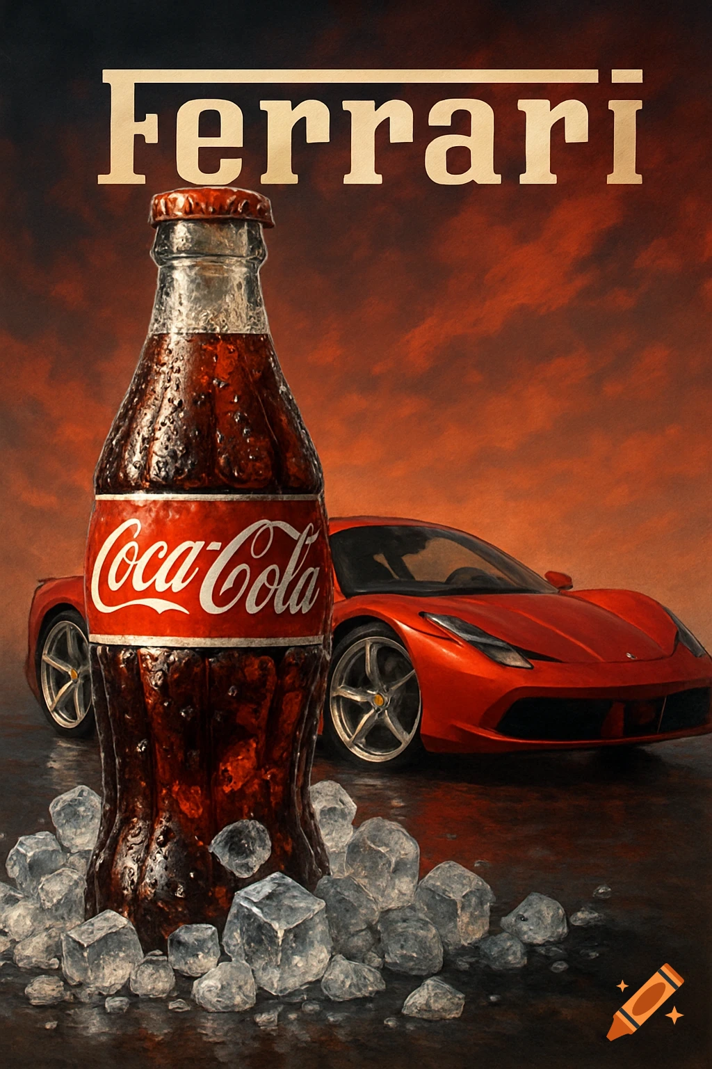 A Coca-Cola bottle with ice in the foreground, a red Ferrari car behind, with 'Ferrari' text above. Promotional style.
