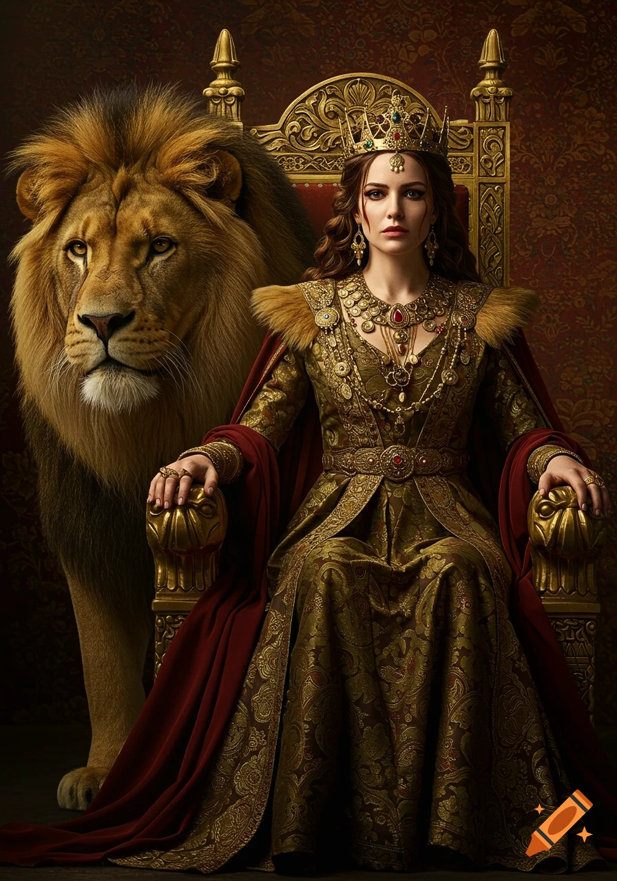 A queen in a gold dress and crown sits on a throne with a large lion standing beside her.