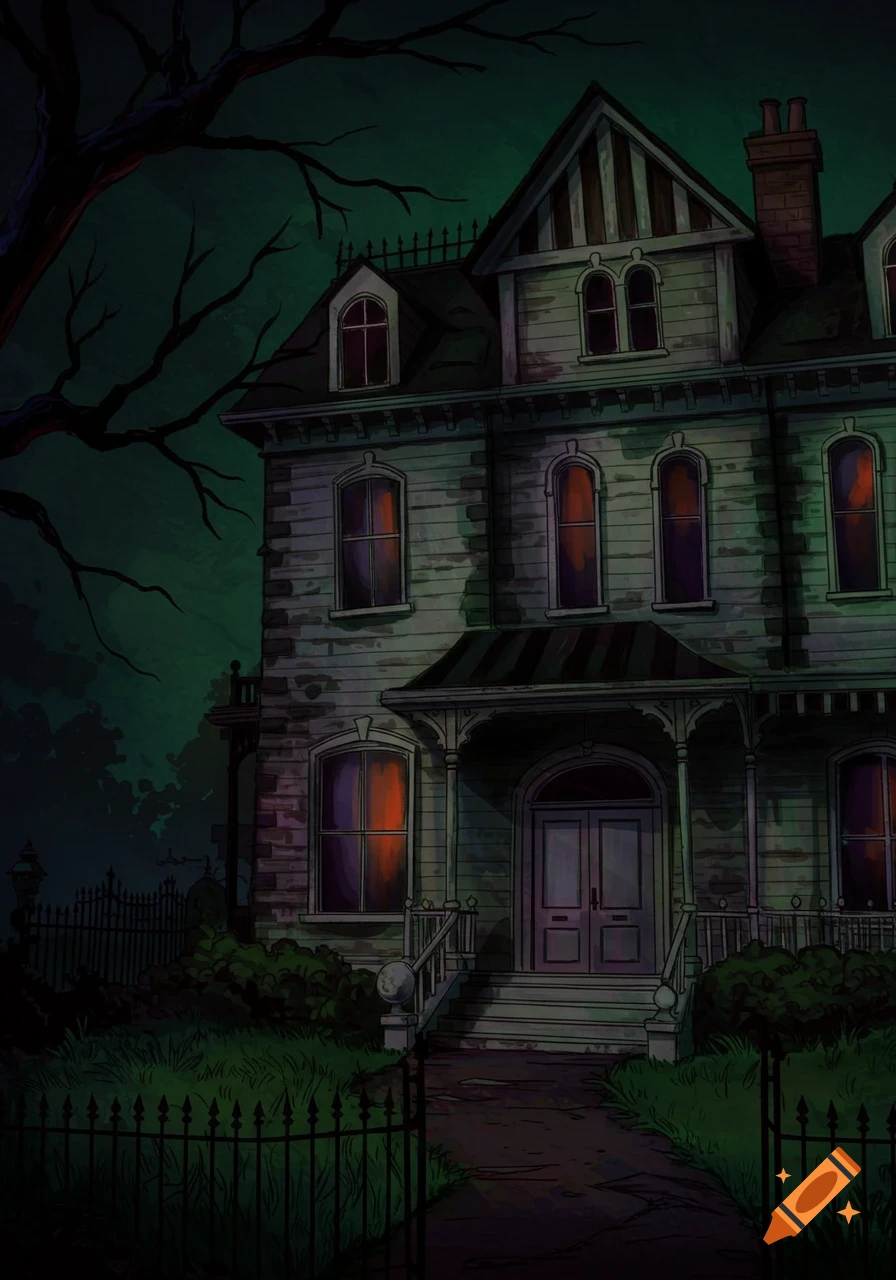 Illustration of a dark, spooky haunted house at night.