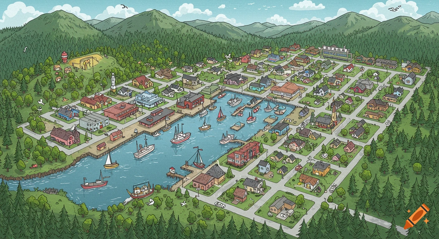 Cartoon aerial view of a port town nestled between mountains and forest, showing houses, buildings, docks, and boats in the harbor.
