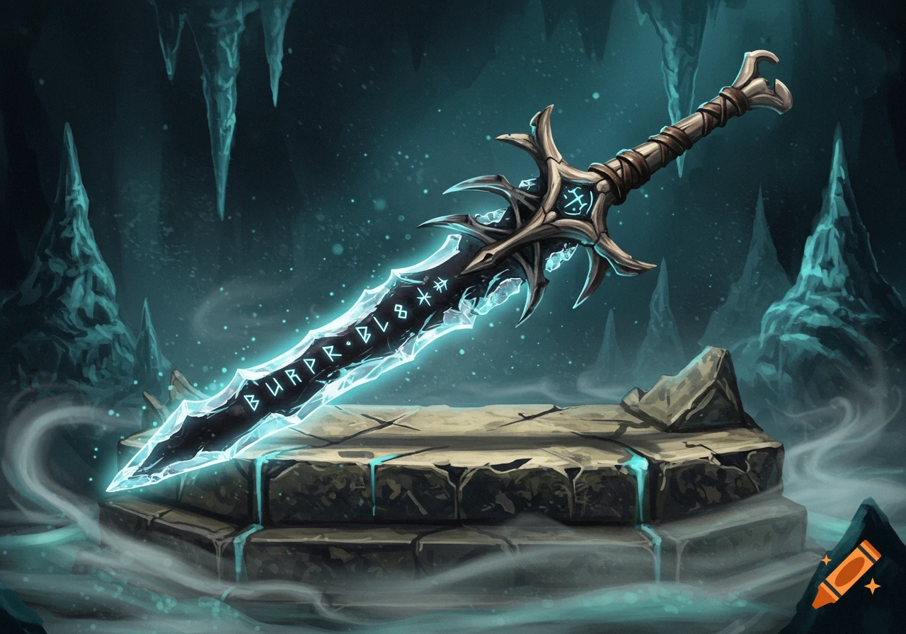 A glowing blue fantasy sword on a stone pedestal in a dark cave. on Craiyon